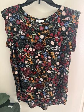 Pleione Black Floral Cap-Sleeve Top with Multicolor Blooms